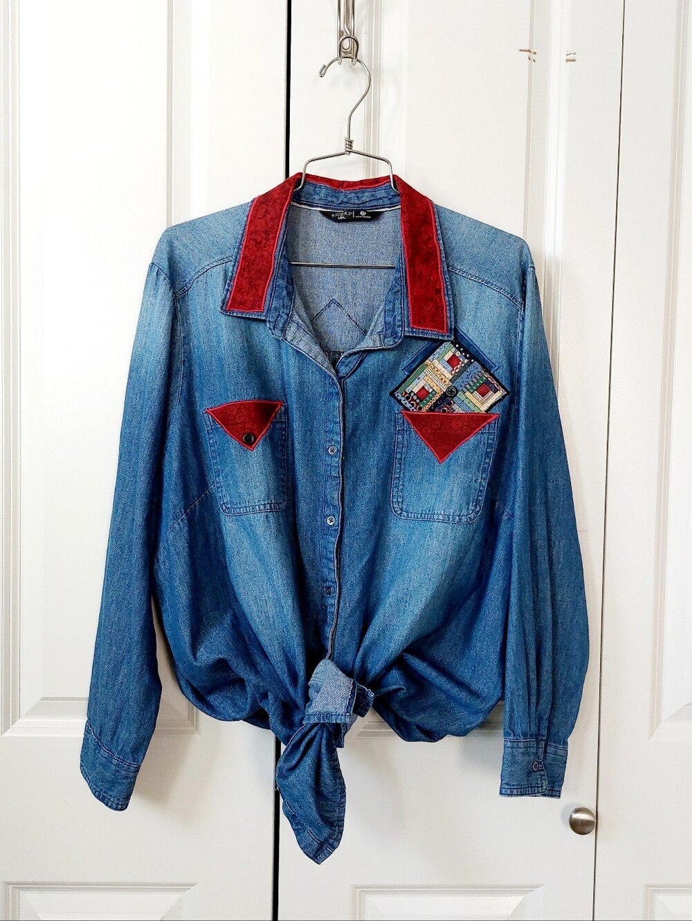 Quiltblock Patchwork Chambray/Denim Shirt/Jacket 2X 90s Cottagecore Granny Teach